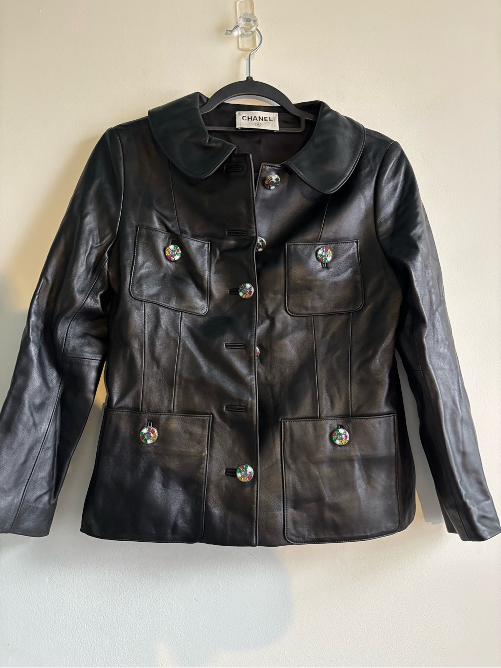 CHANEL Black Leather Jacket with Multicolored Signature Buttons